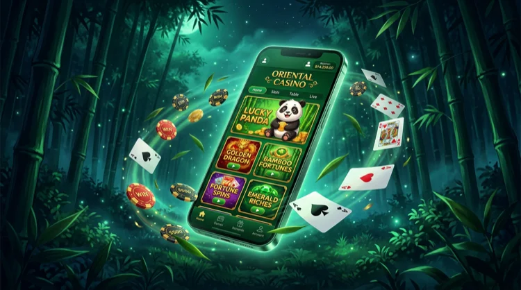 Smartphone met groen-gouden casinolobby, panda-icoon en zwevende fiches en bladeren in een nachtelijk bamboebos.