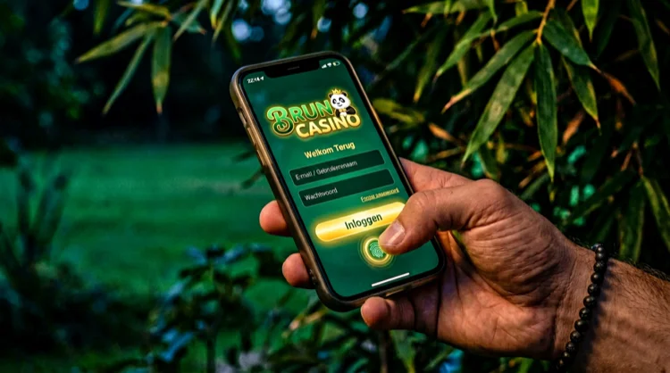 Hand houdt smartphone met fictief inlogscherm, groene velden, gouden inlogknop en vingerafdruk-icoon.