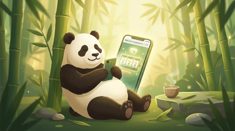 Ontspannen mobiele casino-illustratie met smartphone en bamboe-elementen voor de PWA-ervaring.