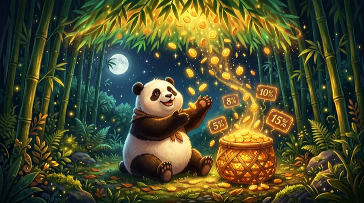 Panda vangt gloeiende munten uit het bladerdak in een mand, met percentages voor wekelijkse cashback.