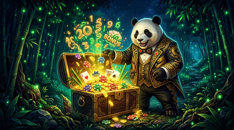 Panda in gouden pak opent een schatkist met munten, fiches en gloeiende bonusgetallen in een bamboebos.