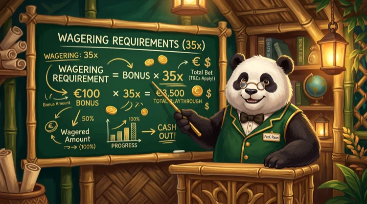 Panda-professor met bril legt inzetvereisten en bonusregels uit op een groen schoolbord met goudkrijt.