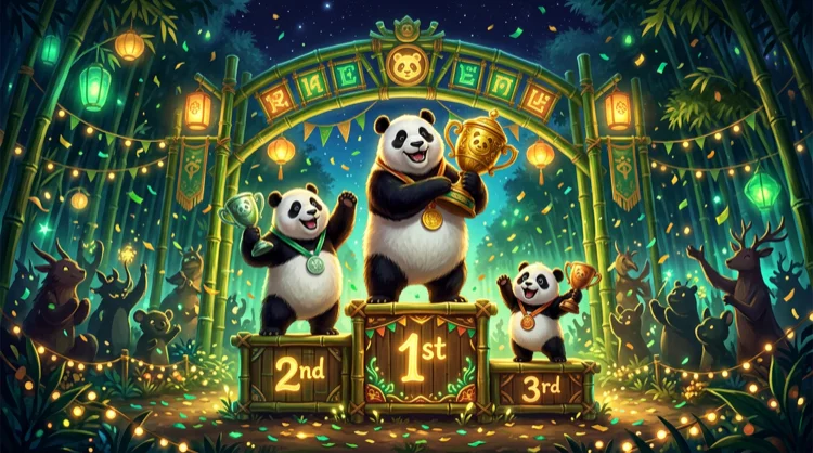 Podium met drie pandas, bekers en confetti in een feestelijk verlicht bamboebos voor toernooien.