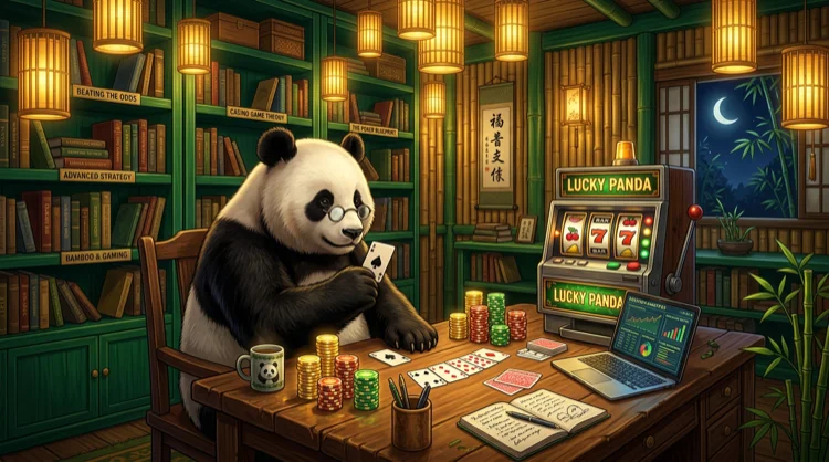 Reuzenpanda in een warm verlichte bamboestudeerkamer met casinospel-elementen en strategieboeken.