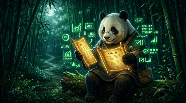 Panda met bril vergelijkt twee gouden perkamenten in een maanlicht-bamboebos, met gloeiende vinkjes en grafieken.