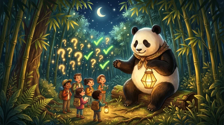 Vriendelijke panda met lantaarn beantwoordt vragen in een sprookjesachtig bamboebos met vraagtekens en vinkjes.