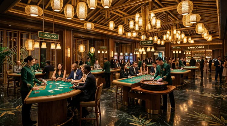 Luxueus live casino met bamboethema, dealers aan verlichte blackjack- en roulettetafels en gouden lantaarnlicht.
