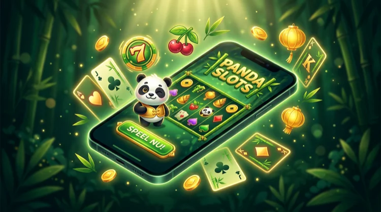 Smartphone met groen-gouden online casino-interface, panda-mascotte en zwevende speelkaarten en munten.