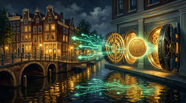 Grachtenhuizen bij nacht met gouden munt en digitale geldstroom tussen bankdeuren boven het water.