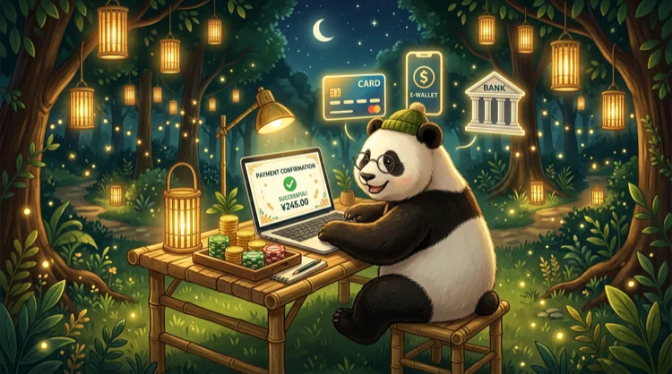 Panda aan bamboewerkplek met gouden en groene betaal- en casino-iconen en laptop.