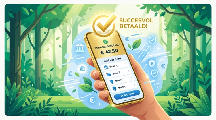 Smartphone met bankkeuzescherm en vinkje voor een geslaagde storting, in een donker bamboebos.