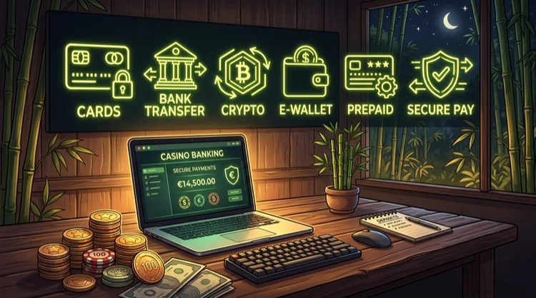 Overzicht van veilige betaalmethodes bij Bruno Casino met gouden en groene neonaccenten.
