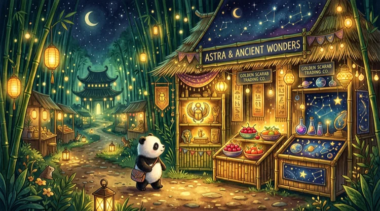 Nachtelijke bamboemarkt met verschillende verlichte gokkast-thema's en een nieuwsgierige panda ertussen.